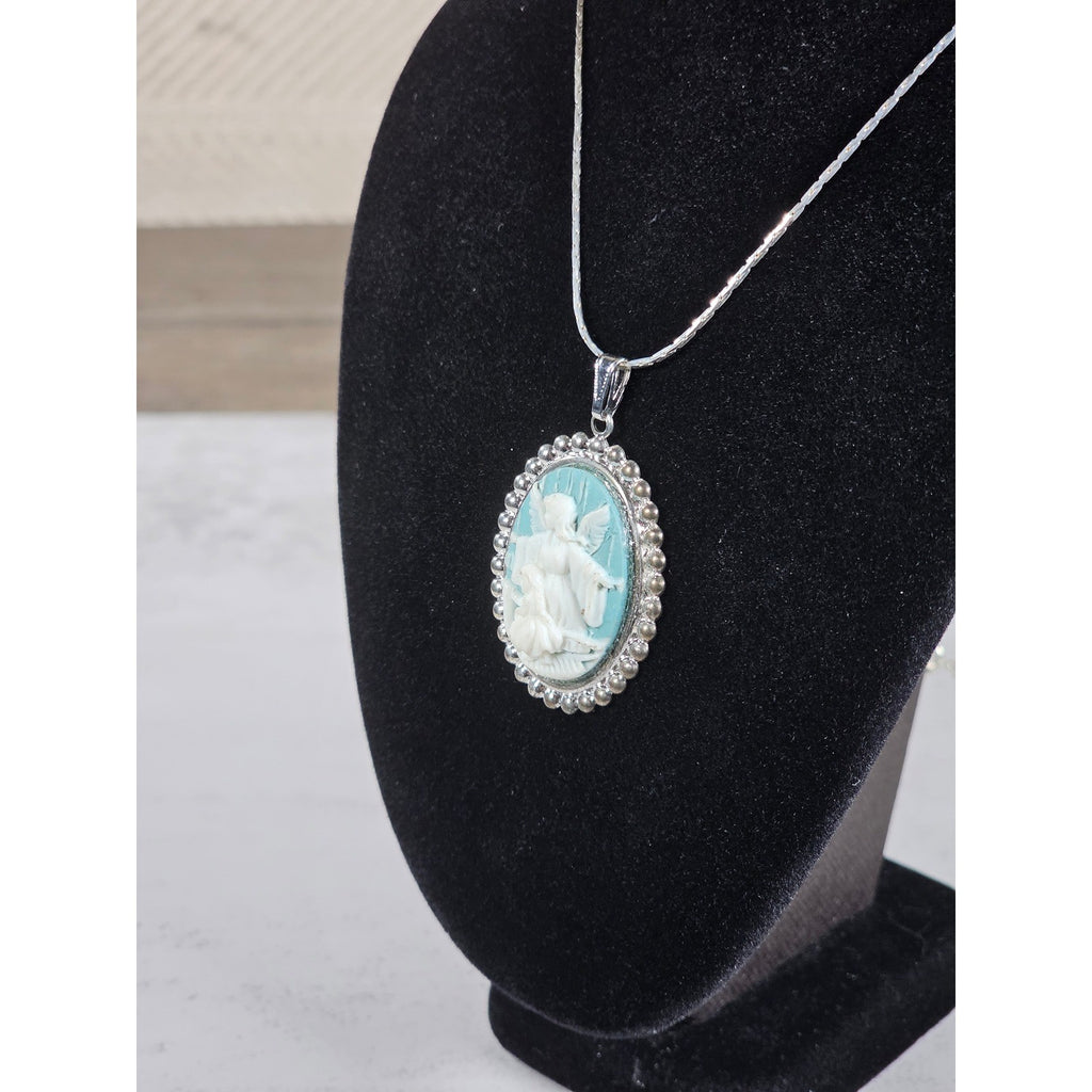 Vintage Angel Cameo Pendant Necklace Blue White Beaded Frame