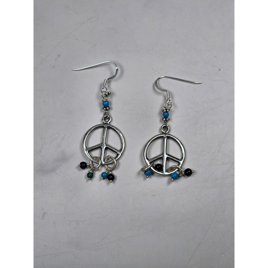 Vintage Sterling Silver Peace Sign Dangle Earrings 925 Beaded