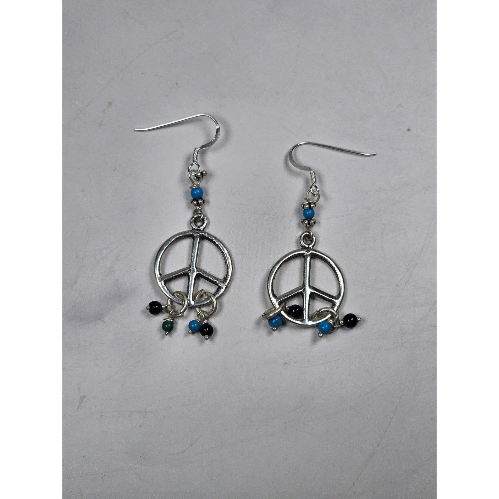 Vintage Sterling Silver Peace Sign Dangle Earrings 925 Beaded