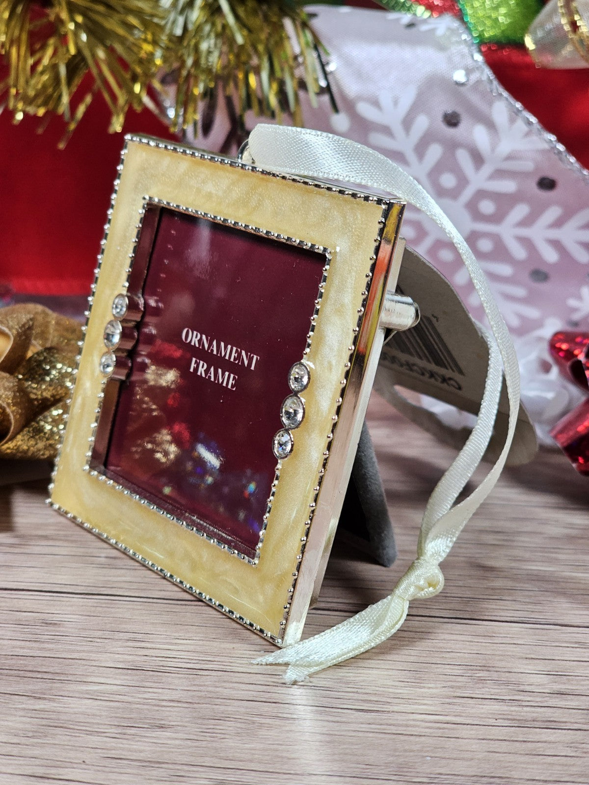 Elegant Gold Trimmed Ornament Frame With Rhinestone Accents & Ribbon Hanger