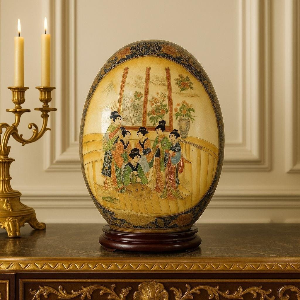 Large Vintage Satsuma Style Porcelain Egg on Stand | Hand-Painted Geisha Decor