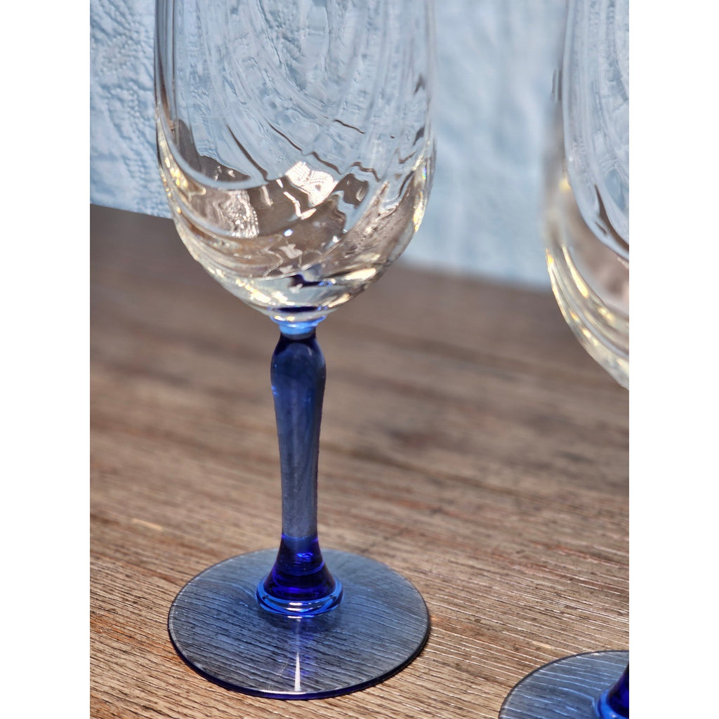 Vintage Blue Stem Wine Glasses Set of 2 Gold Rim Clear Bowl 8 Inch