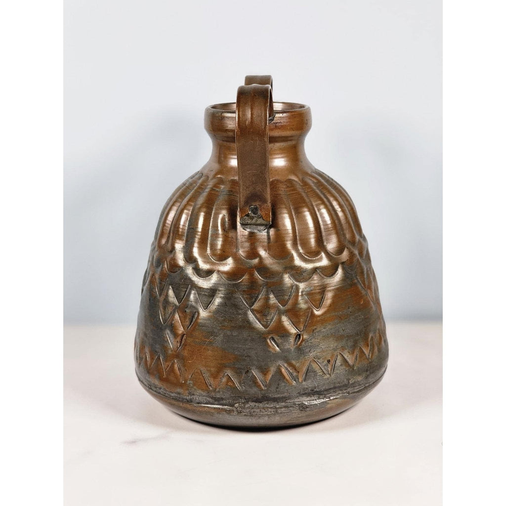 Vintage Hammered Copper Pitcher with Dual Handles Scalloped Design