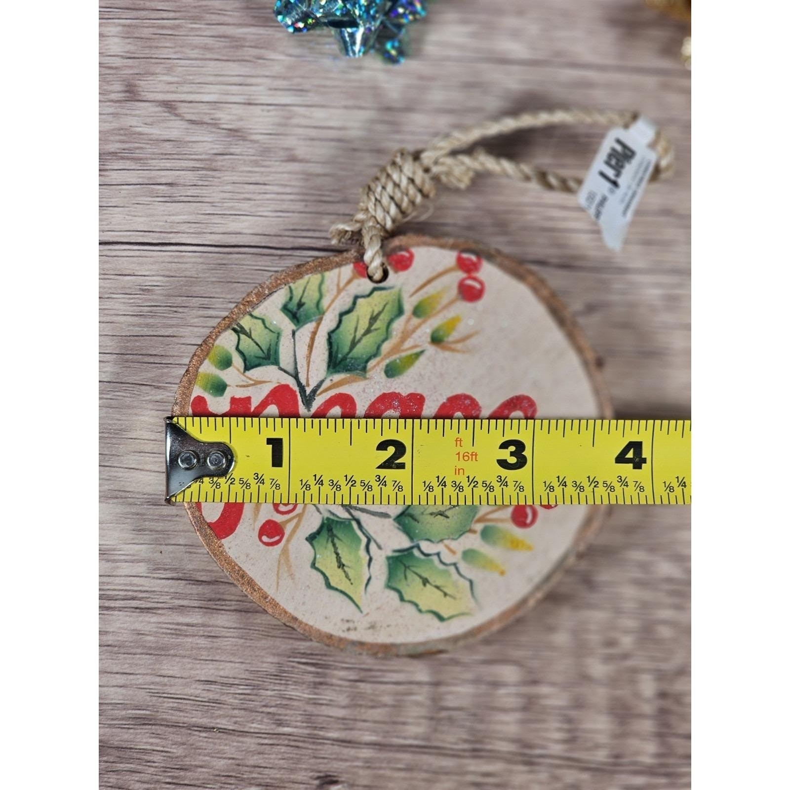 Rustic Wood Slice Ornament Peace Holly Berries Christmas Decor