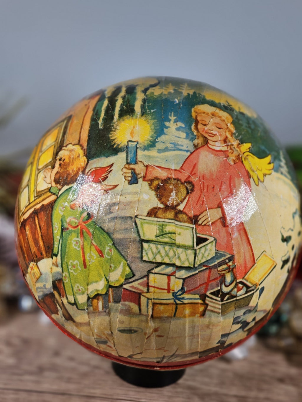 Vintage 1950s German Paper-Mâché Angel Tree Ball Candy Container Christmas