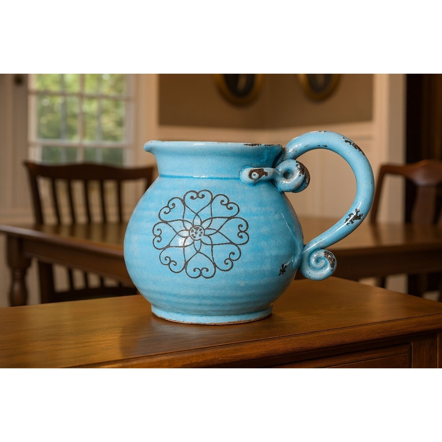 Vintage Blue Pottery Pitcher Heart Motif Floral Rustic Farmhouse Decor