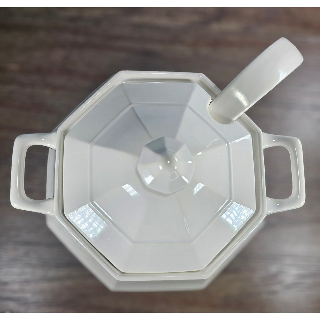 Vintage White Soup Tureen with Lid and Ladle | Octagonal Serving Dish