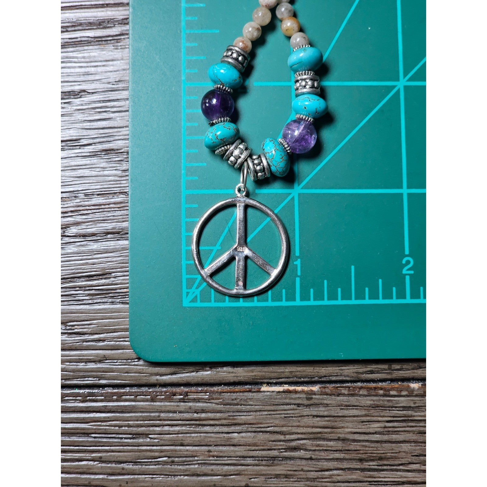 Vintage Peace Sign Necklace Turquoise Beads Amethyst Accent Pendant