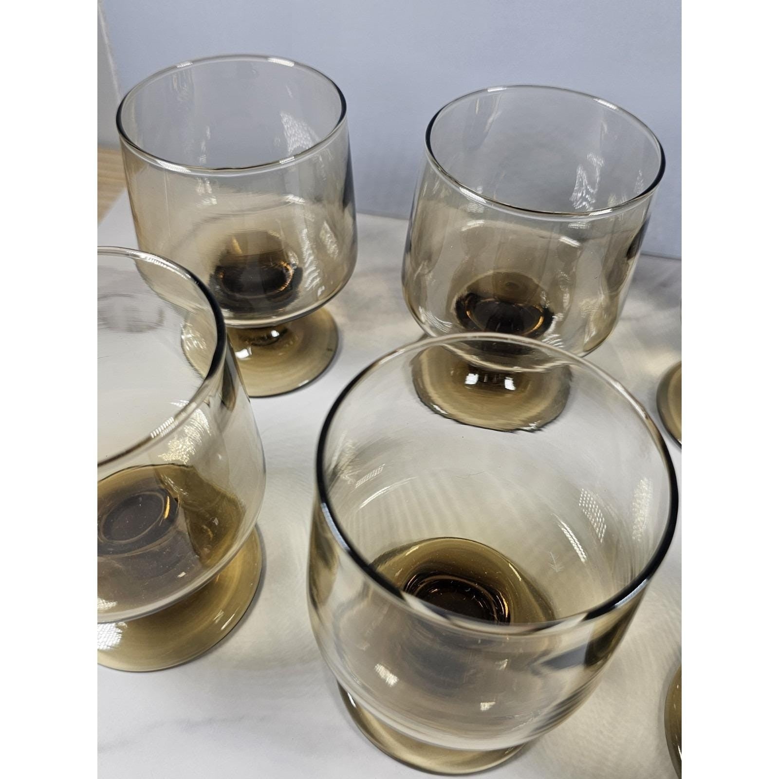 Mid Century Smokey Glass Goblets Set of 6 Vintage Footed Wine Glasses