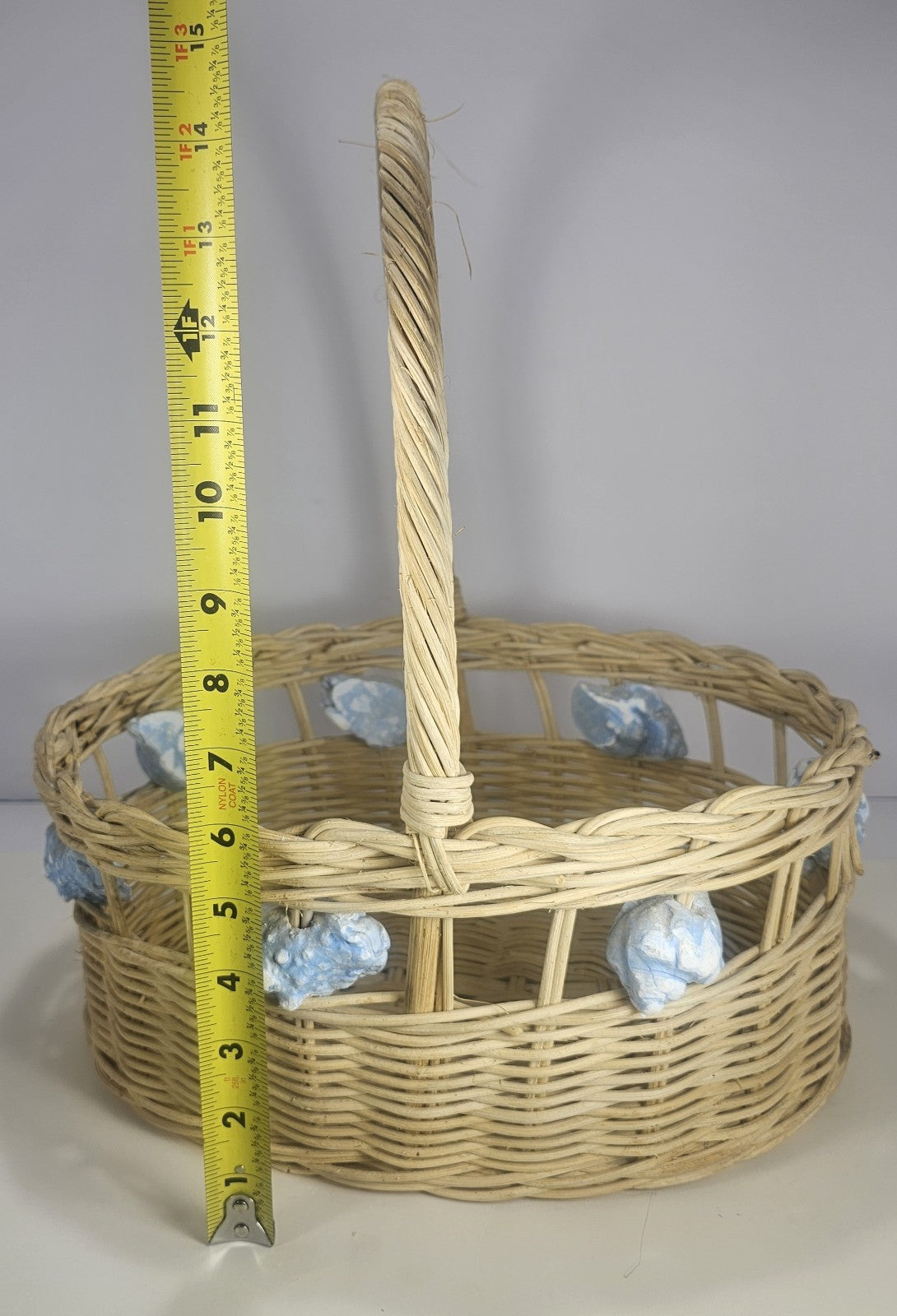 Vintage Wicker Basket with Blue Painted Conch Shells 13″ x 15″ Coastal Rustic