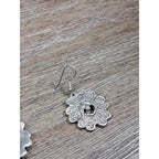 Textured Silver-Tone Floral Heart Dangle Earrings Vintage Style