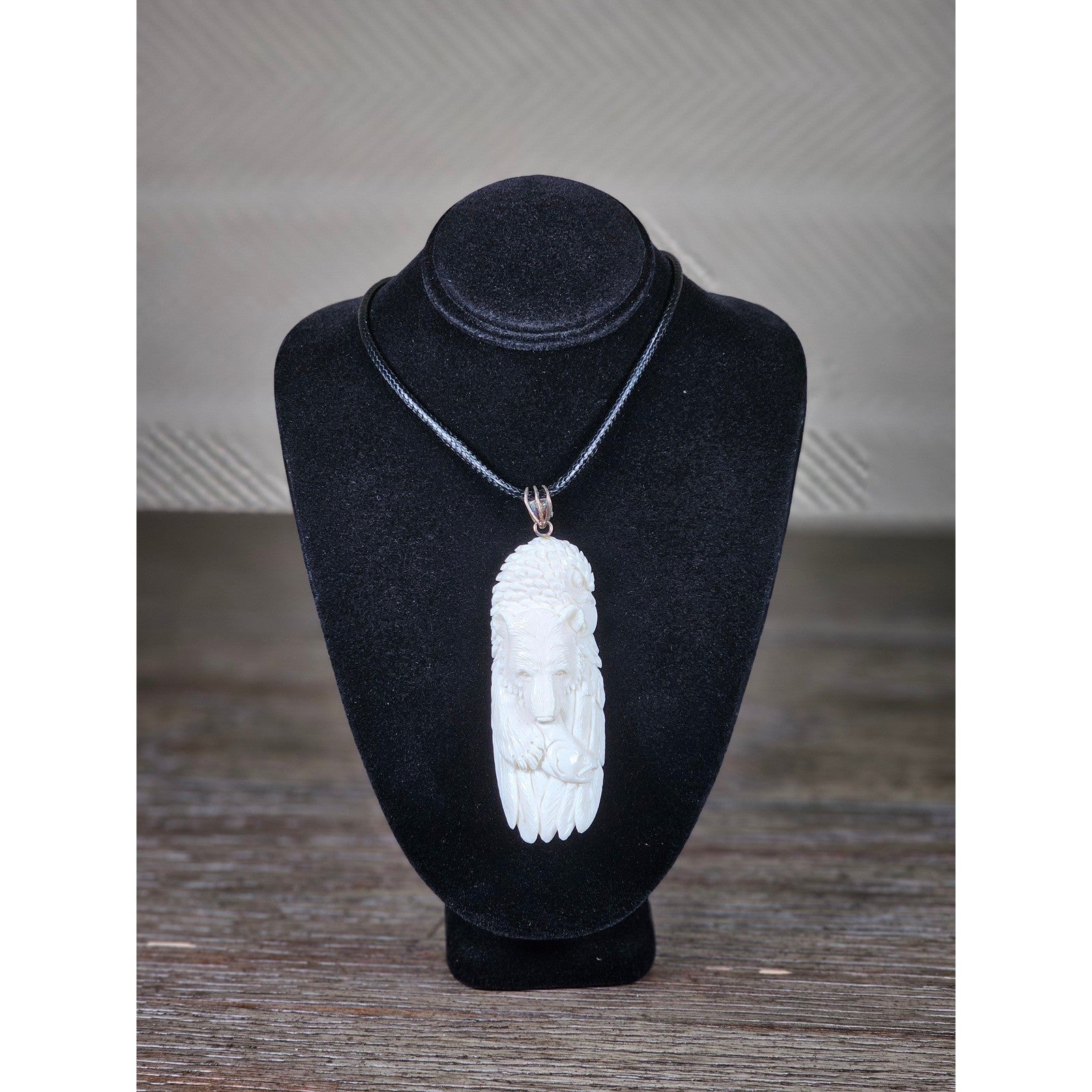 Vintage Carved Buffalo Bone Bear Pendant Necklace 3" Hand Carved Animal Totem