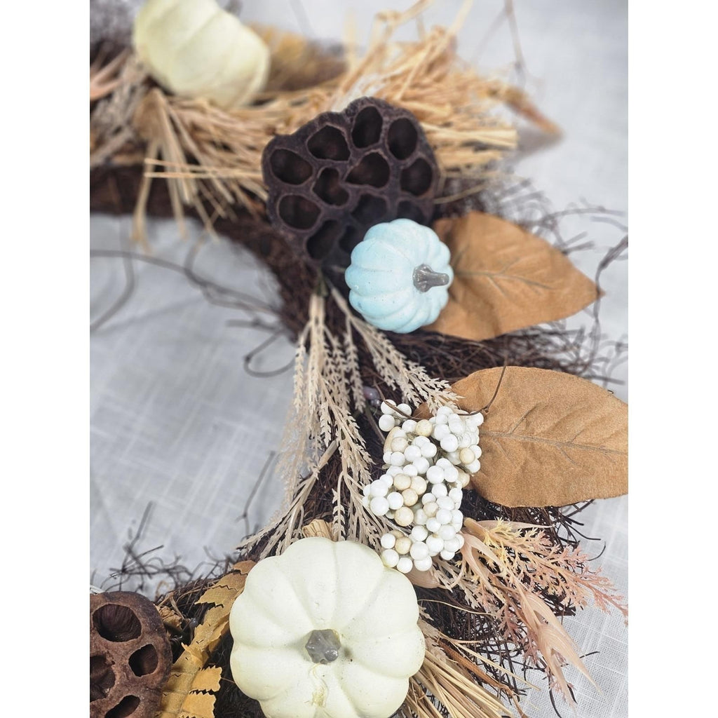 Rustic Fall Harvest Wreath With Pumpkins, Berries, Leaves Seasonal Decor