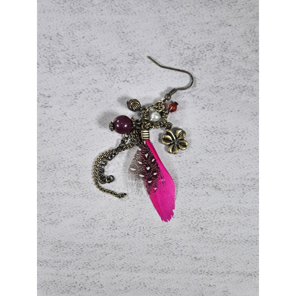 Vintage Pink Feather Charm Earrings Floral Boho Dangle Drop