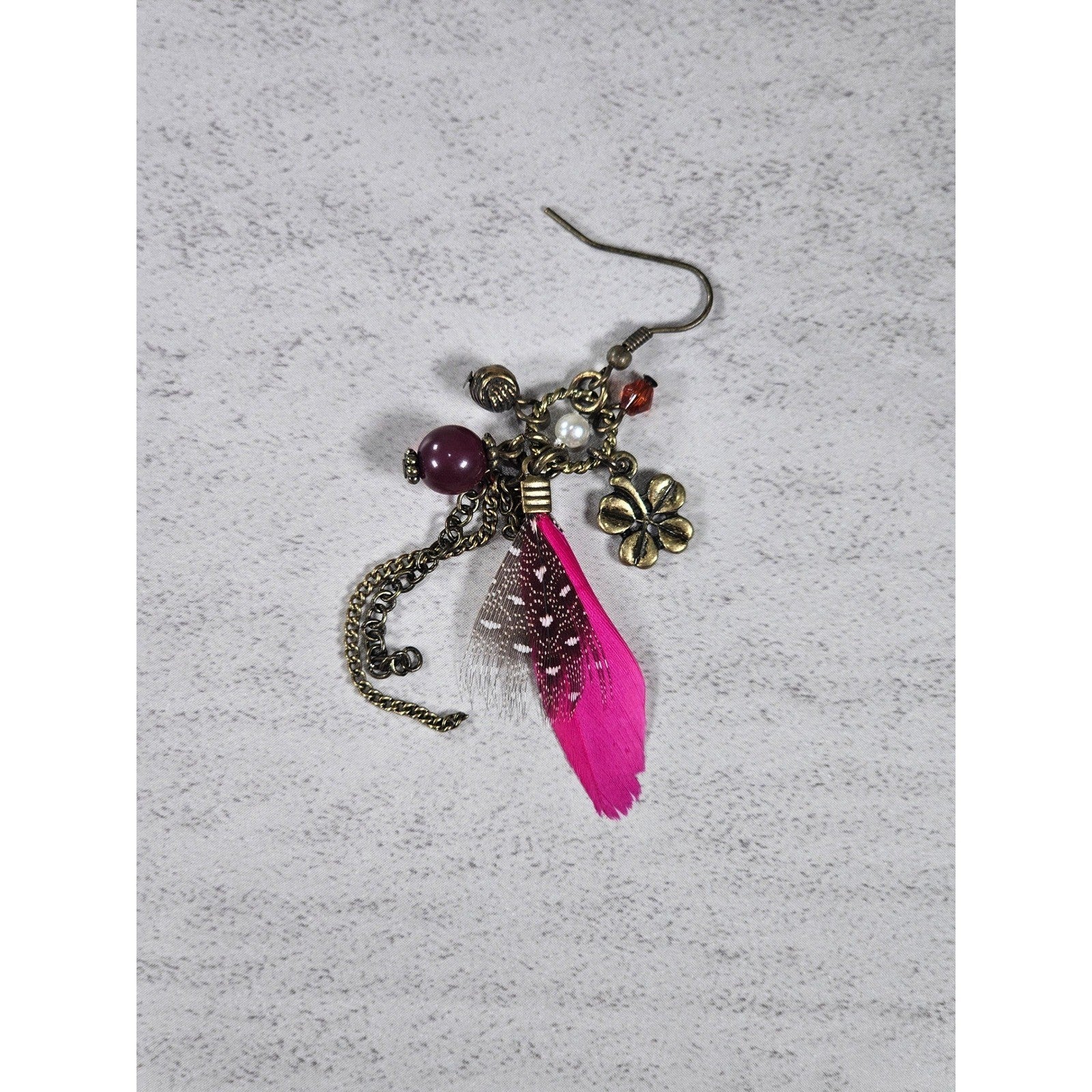 Vintage Pink Feather Charm Earrings Floral Boho Dangle Drop