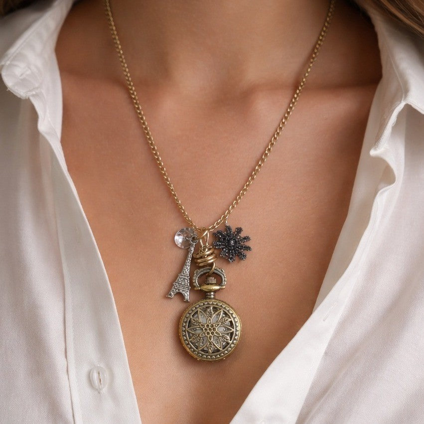 Vintage Pocket Watch Necklace Eiffel Tower Charm Unisex Statement Jewelry