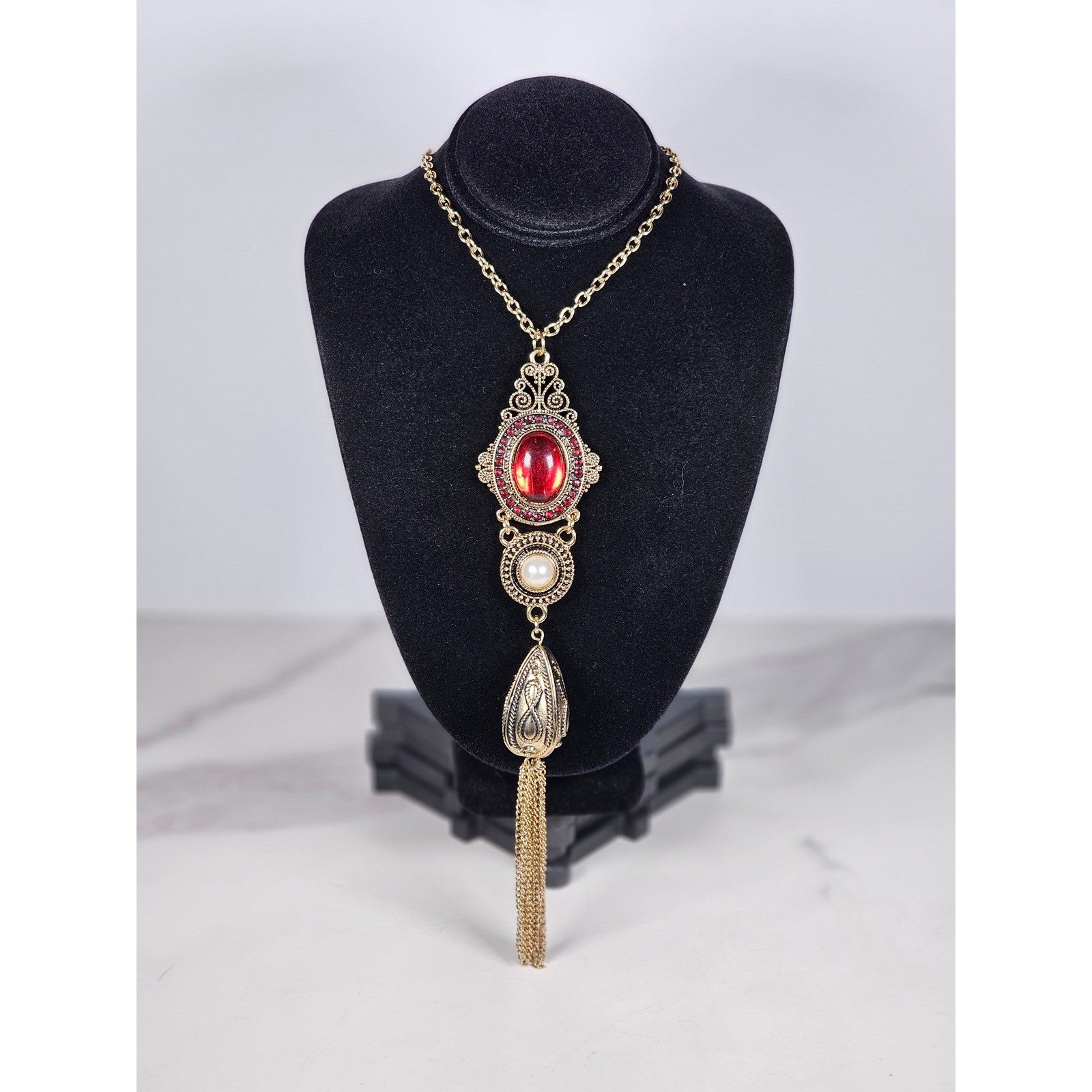 Vintage Gold Tone Red Cabochon Necklace with Faux Pearl Tassel Pendant