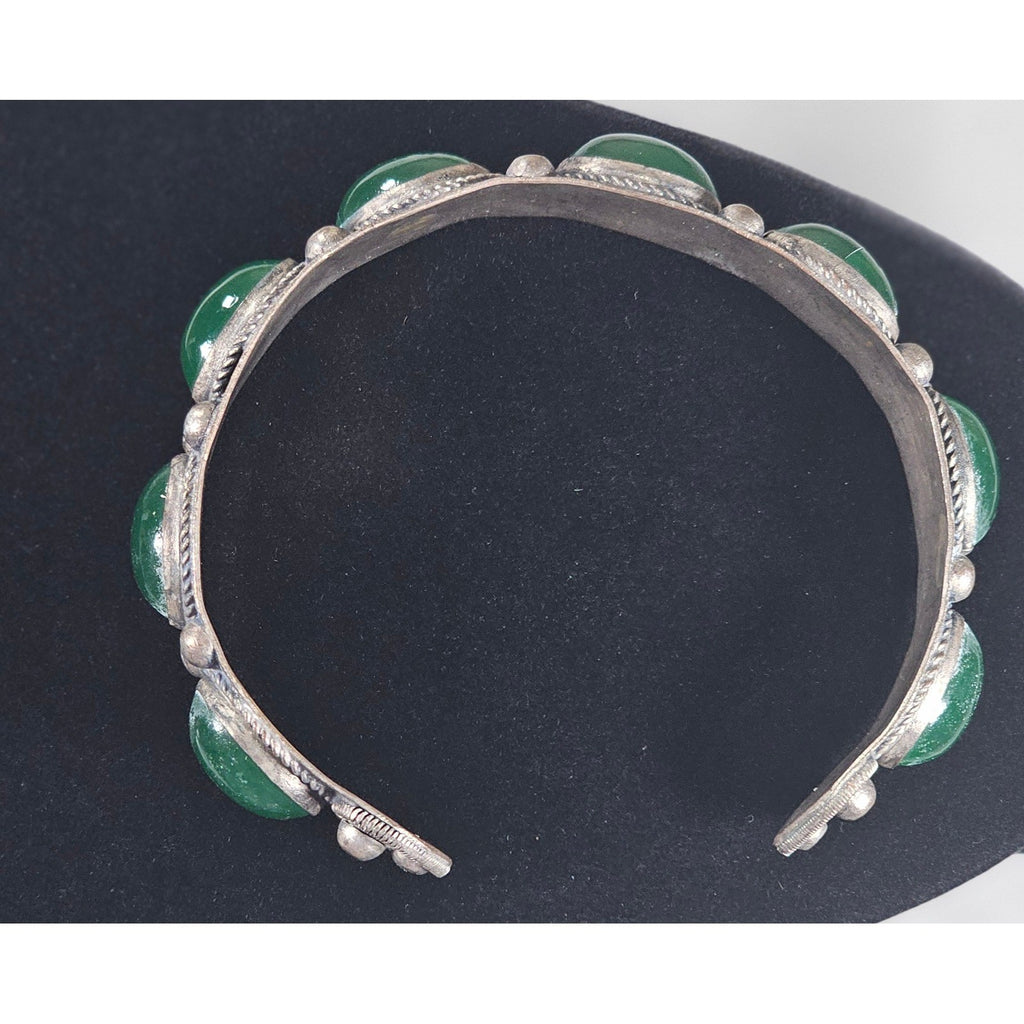 Vintage Green Cabochon Cuff Bracelet Silver Tone Statement