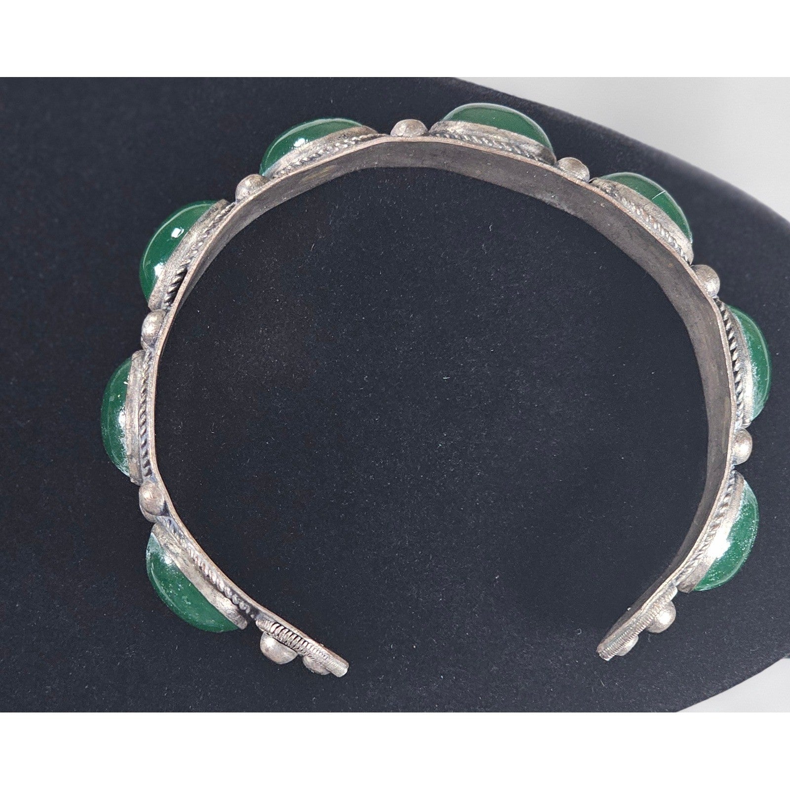 Vintage Green Cabochon Cuff Bracelet Silver Tone Statement