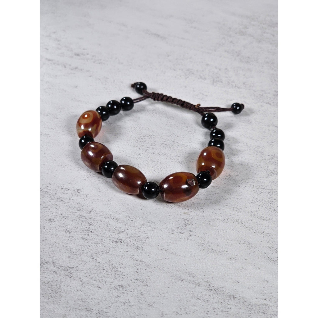Red Orange Agate Style Beaded Bracelet Adjustable Cord Black Beads