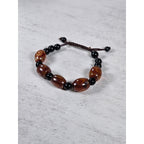 Red Orange Agate Style Beaded Bracelet Adjustable Cord Black Beads