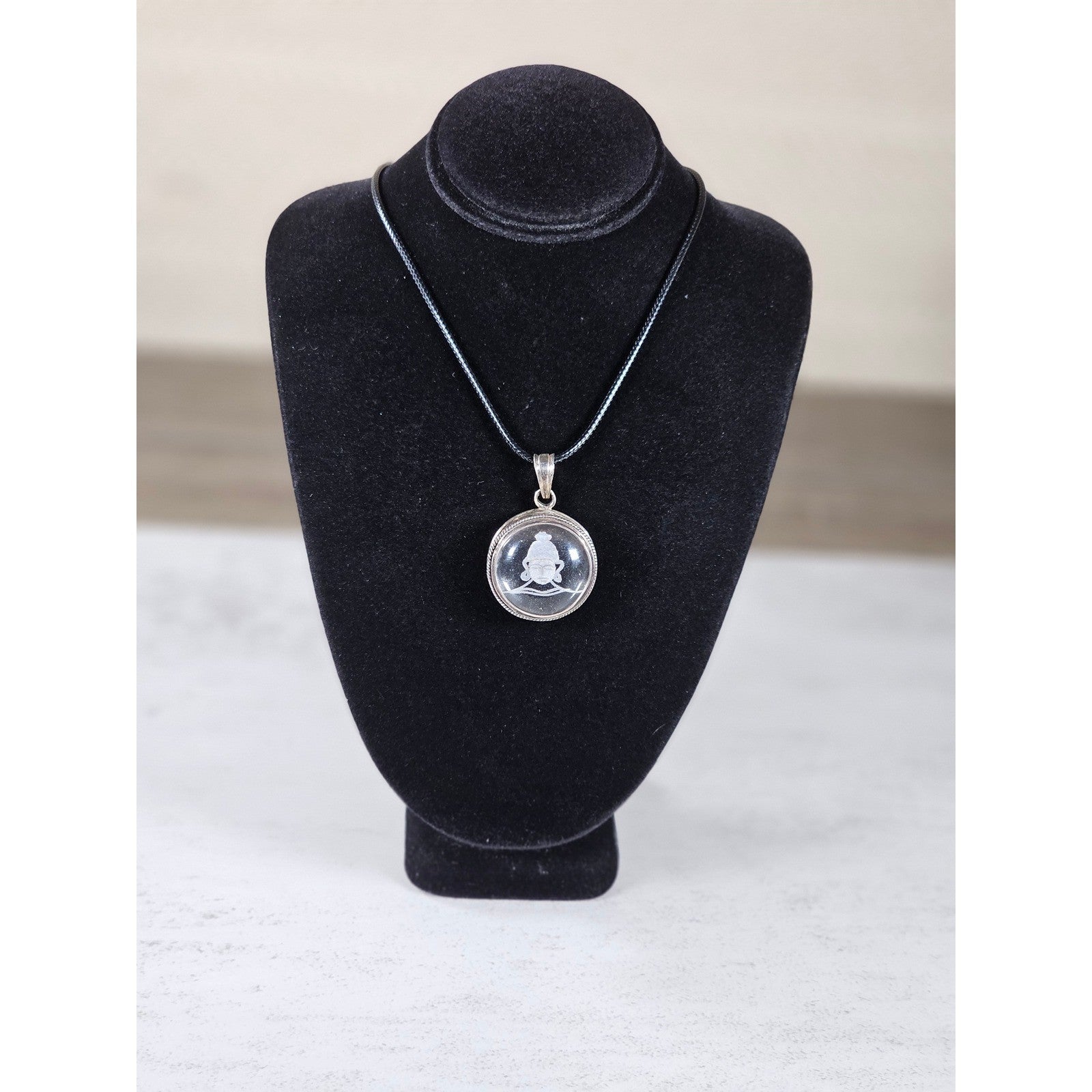 Vintage Sterling Silver Buddha Glass Pendant Necklace