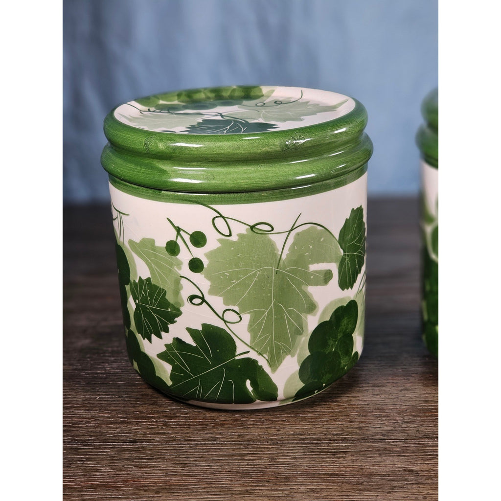 Vintage Grape Leaf Canisters with Lids – Set of 2 – Green Ceramic