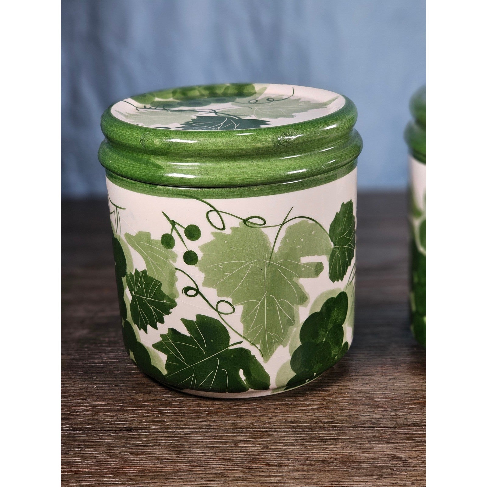 Vintage Grape Leaf Canisters with Lids – Set of 2 – Green Ceramic