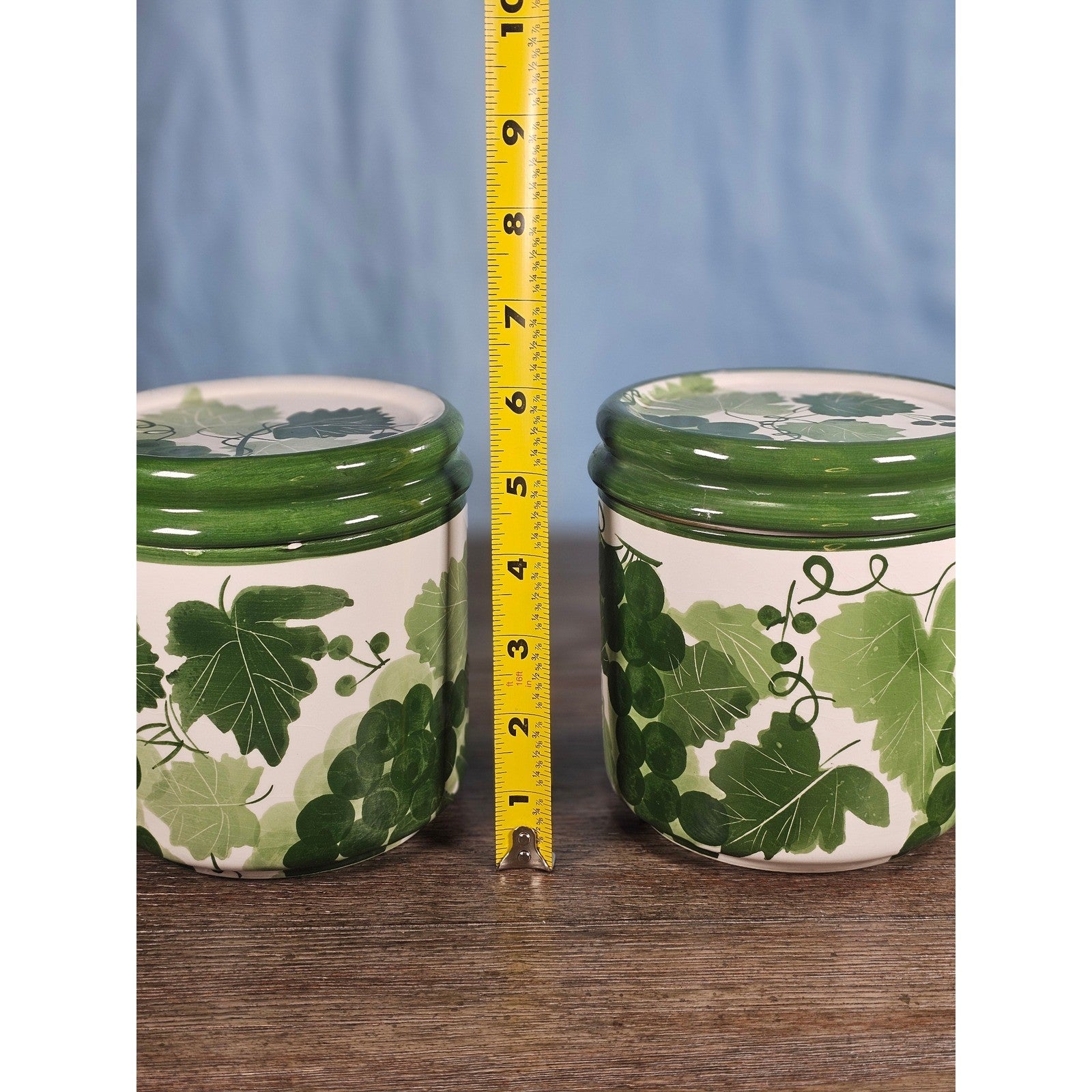 Vintage Grape Leaf Canisters with Lids – Set of 2 – Green Ceramic