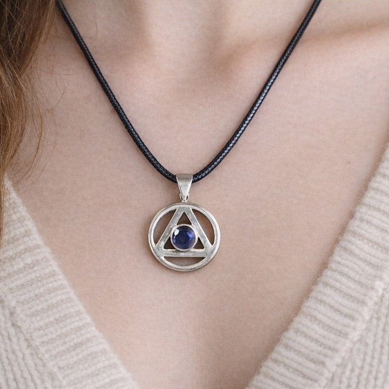 Vintage Sterling Silver Triangle Pendant w Purple Stone
