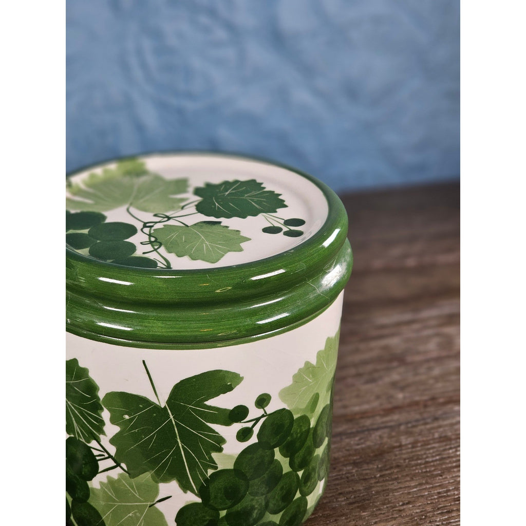Vintage Grape Leaf Canisters with Lids – Set of 2 – Green Ceramic