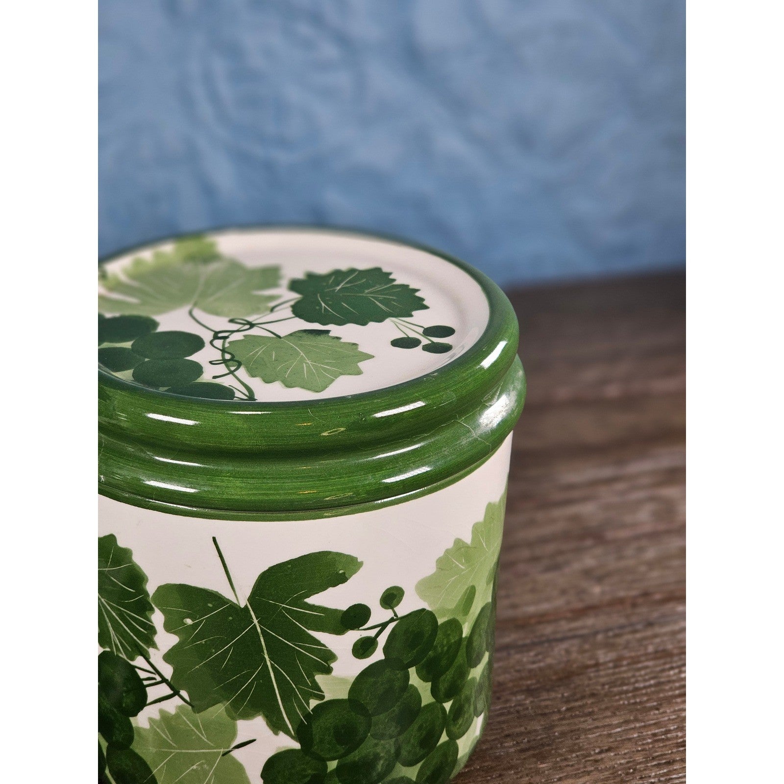 Vintage Grape Leaf Canisters with Lids – Set of 2 – Green Ceramic