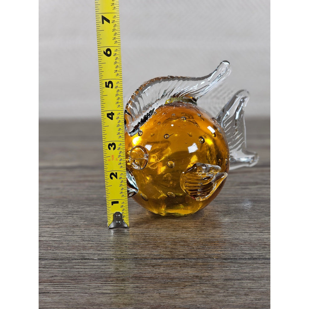 Vintage Amber Art Glass Fish Figurine 5" Hand Blown Bubble Glass