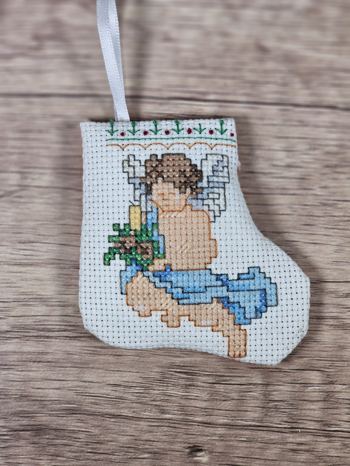 Vintage 3" Angel Embroidered Cross-Stitch Christmas Stocking Ornament