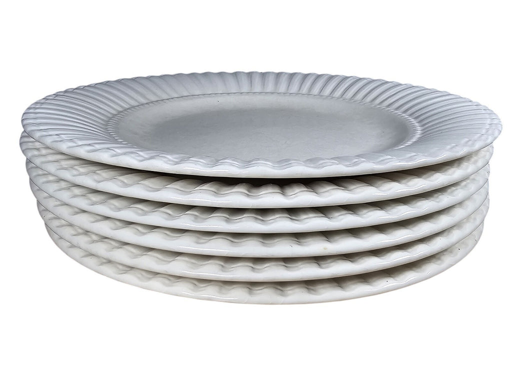 Set Of 6 White Embossed Dinner Plates Thomson Pottery 10.75 Inch Ceramic