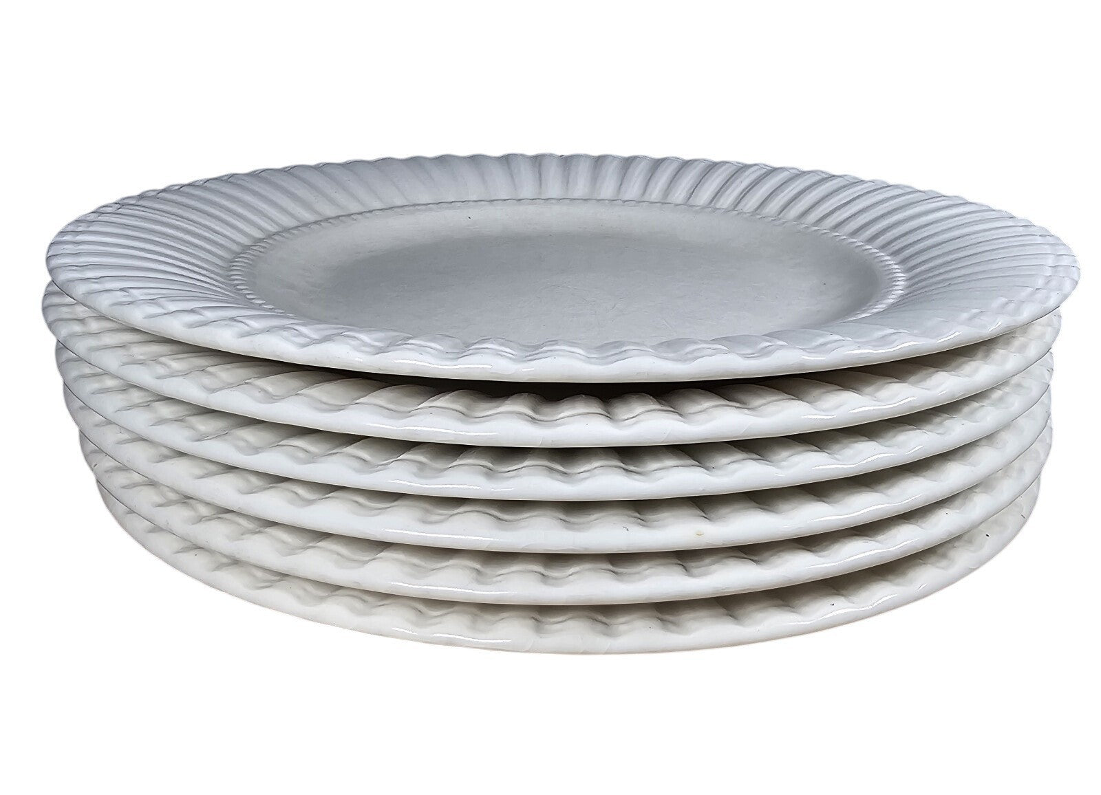 Set Of 6 White Embossed Dinner Plates Thomson Pottery 10.75 Inch Ceramic