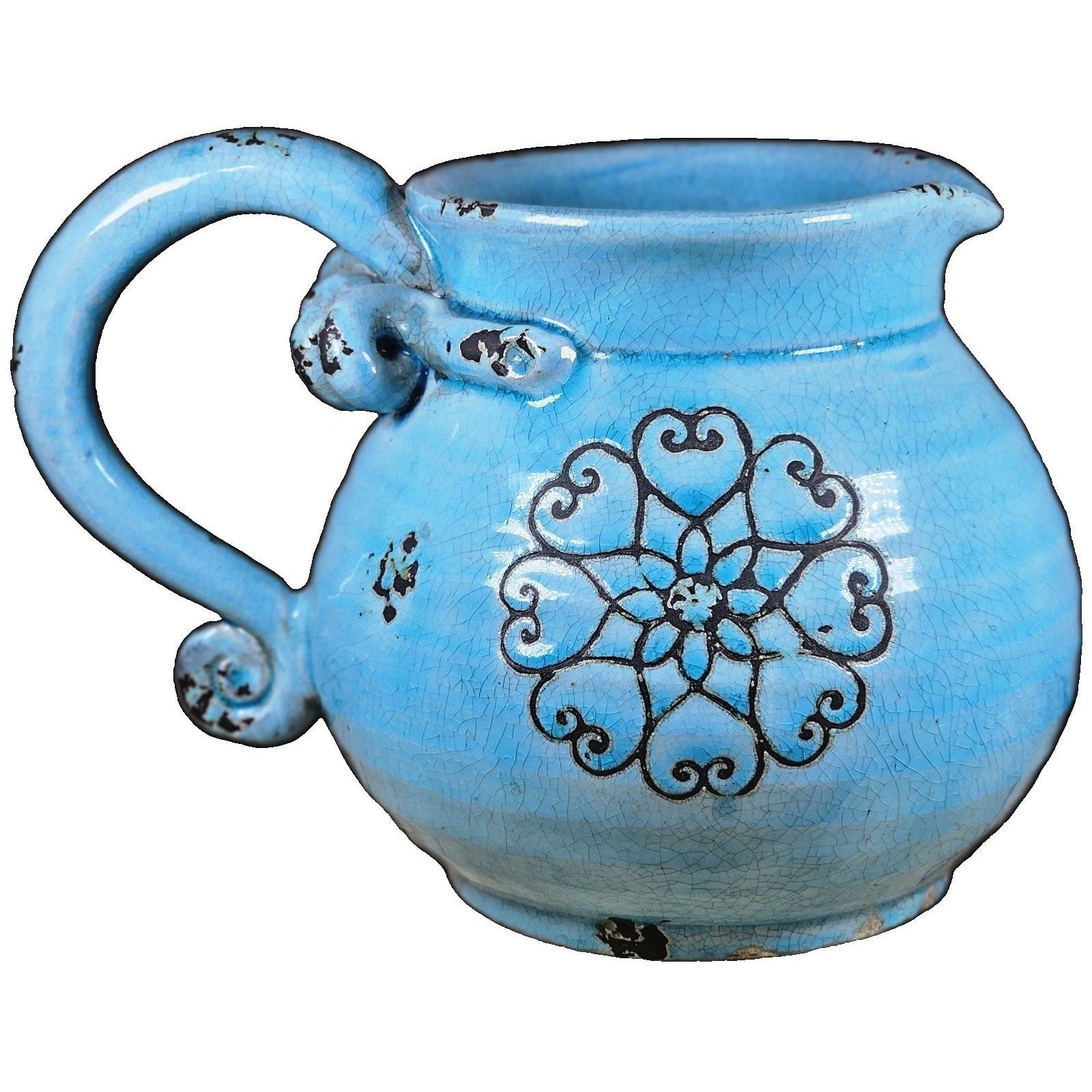 Vintage Blue Pottery Pitcher Heart Motif Floral Rustic Farmhouse Decor