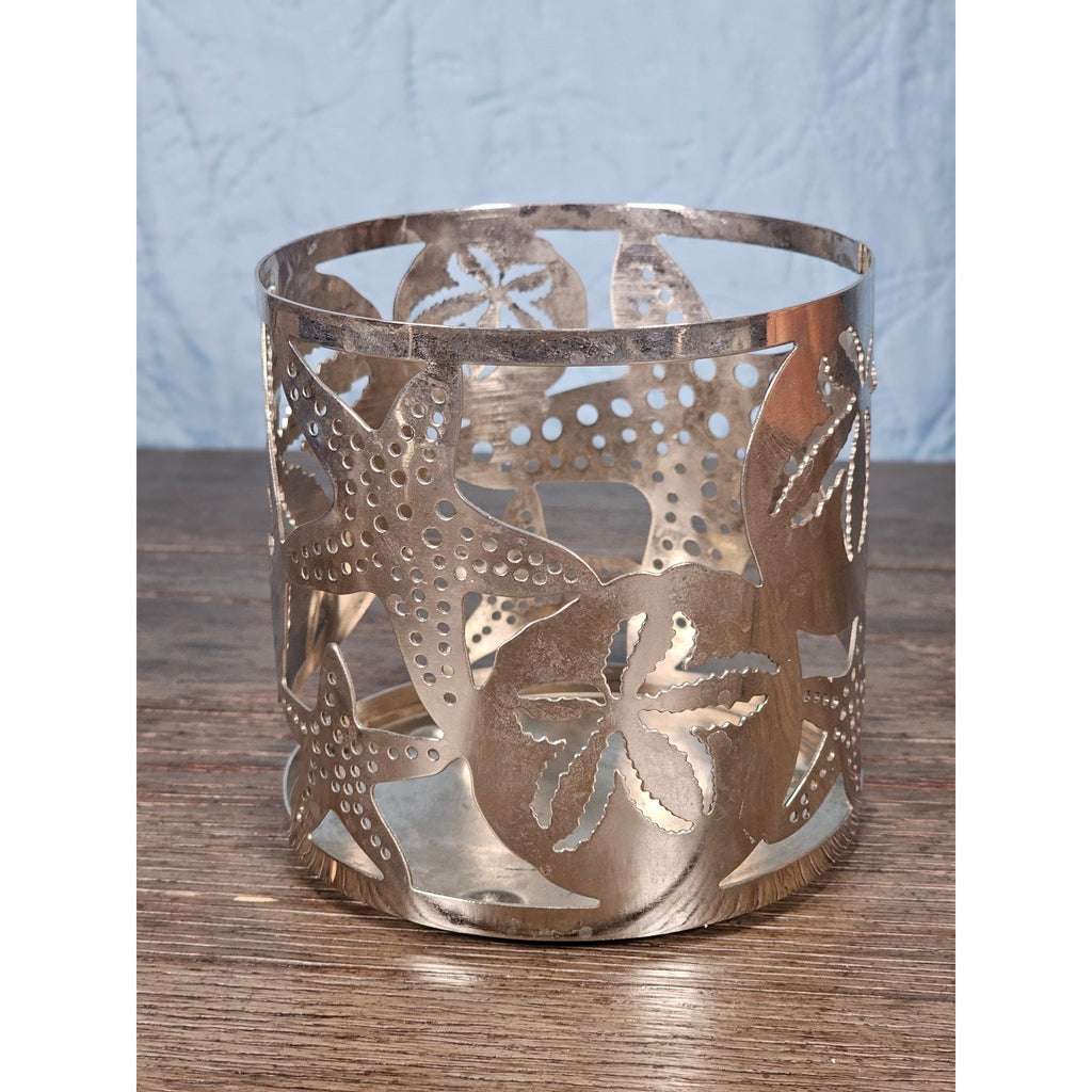 Coastal Metal Candle Holder with Starfish & Sand Dollar Cutouts 4x4