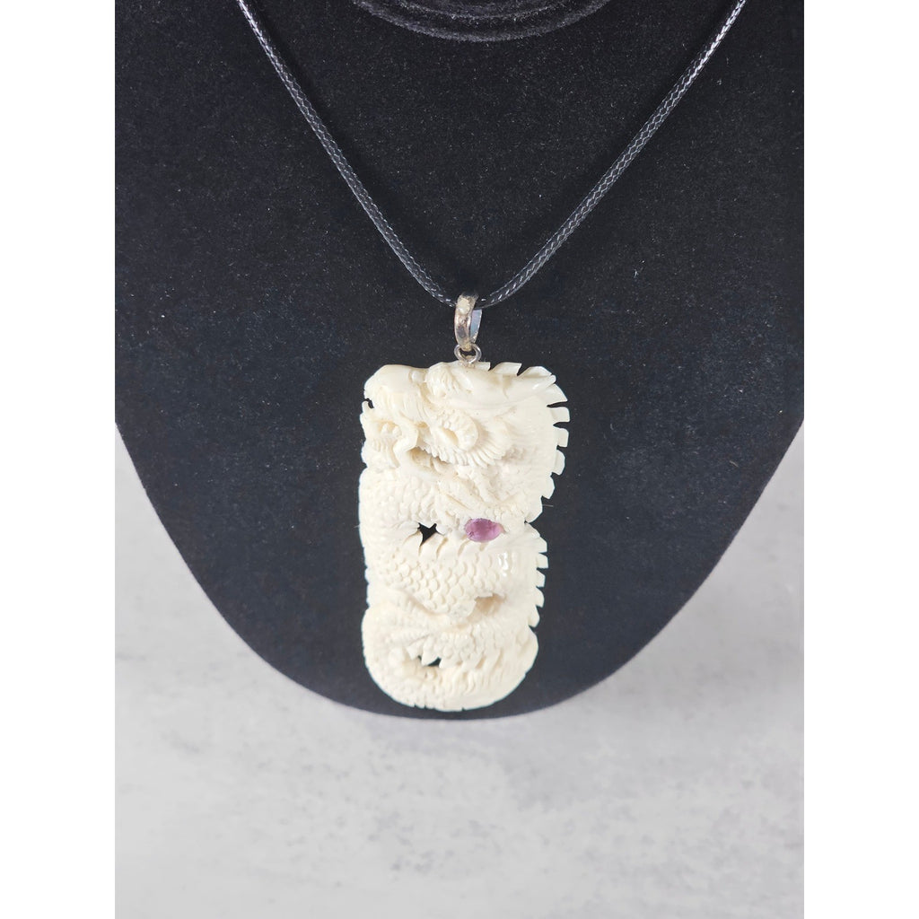 Vintage Carved Dragon Pendant Necklace With Pink Stone