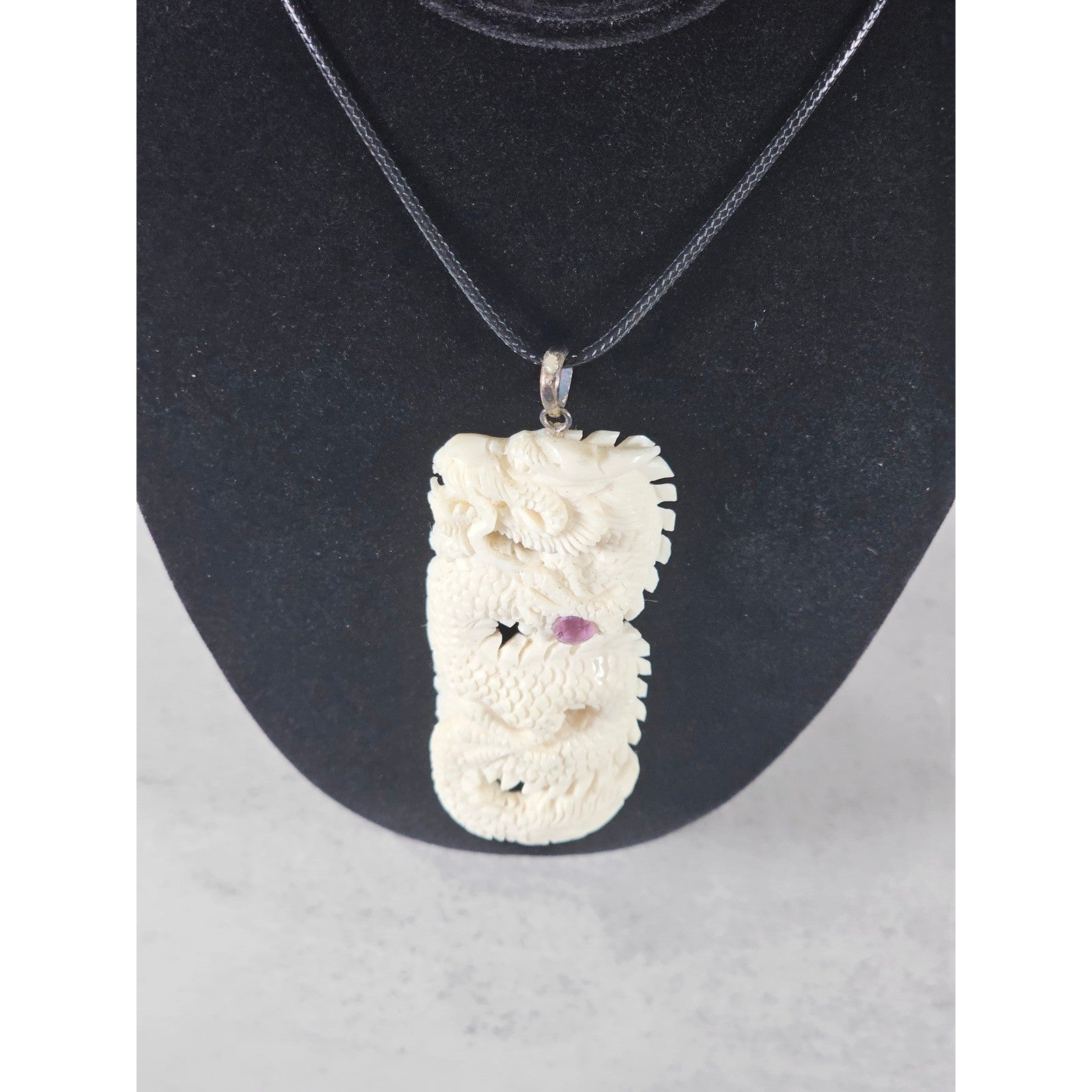 Vintage Carved Dragon Pendant Necklace With Pink Stone