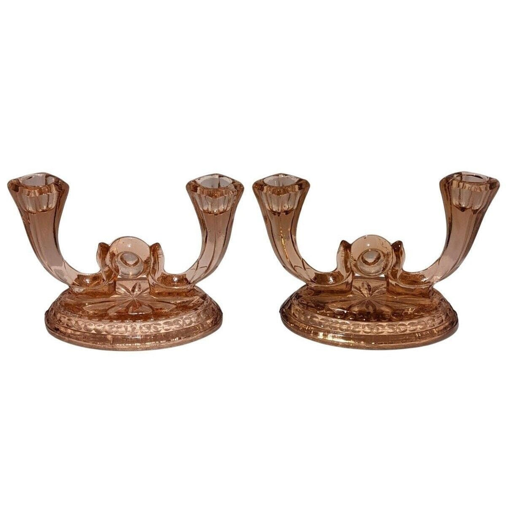 Vintage Heisey Peach Depression Glass Double Candelabras Pair
