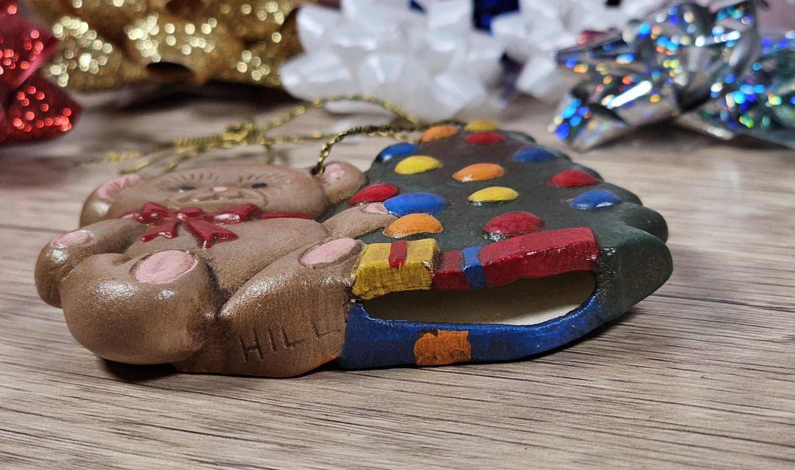 Vintage 90s Teddy Bear & Christmas Tree Ceramic Ornament