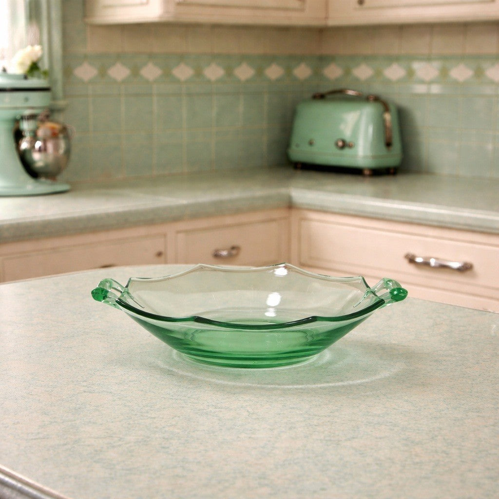 Vintage Green Glass Candy Dish with Handles | 7 Inch Decorative Serving Bowl