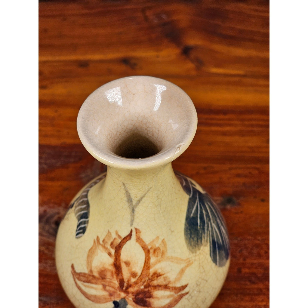 Vintage Pottery 5 Inch Bud Vase Hand Painted Lotus Flower Crackle Glaze
