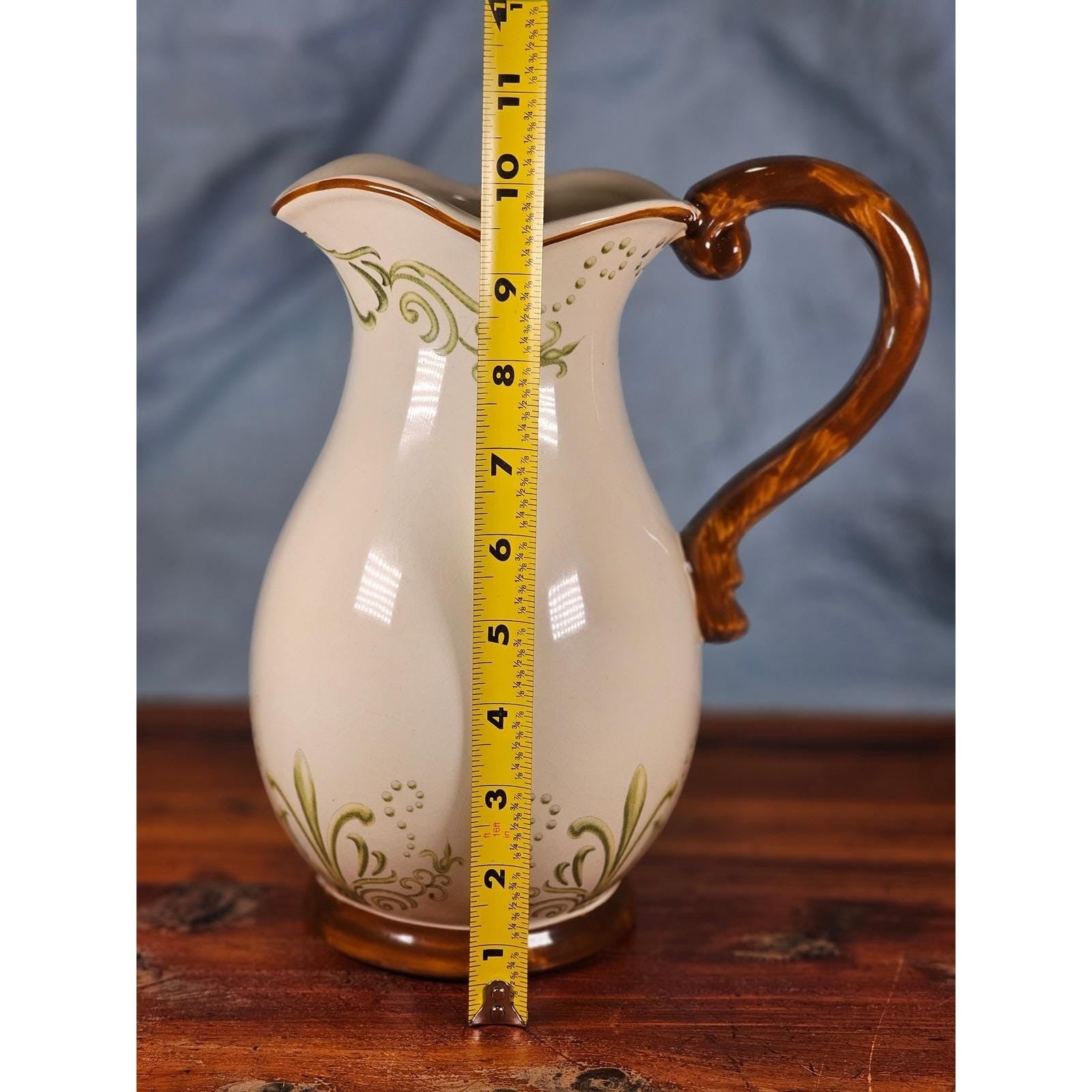 Vintage Ceramic Pitcher Cream Floral Green Brown Handle Holiday Petaluma