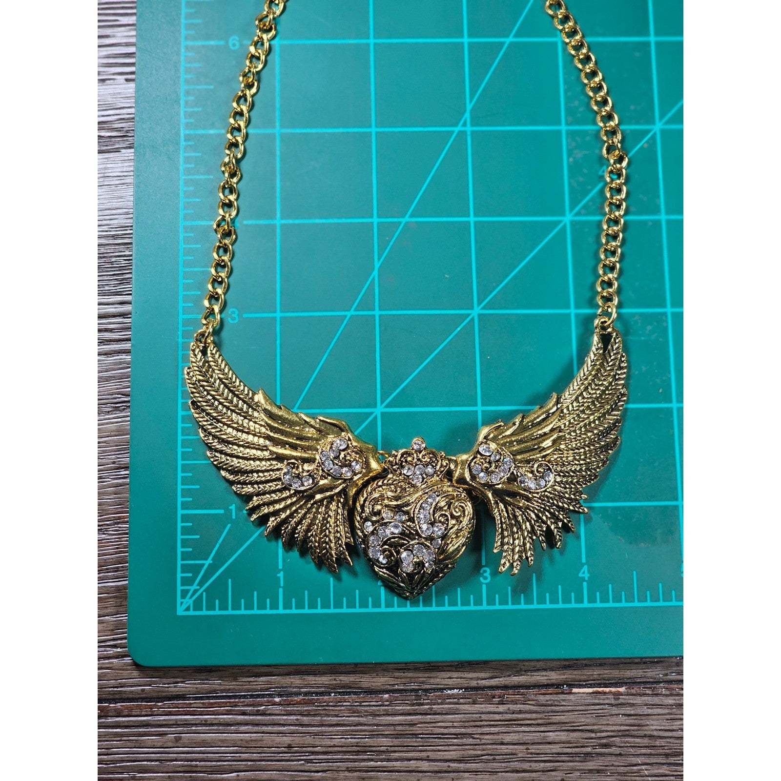 Vintage Gold Tone Winged Heart Rhinestone Statement Necklace