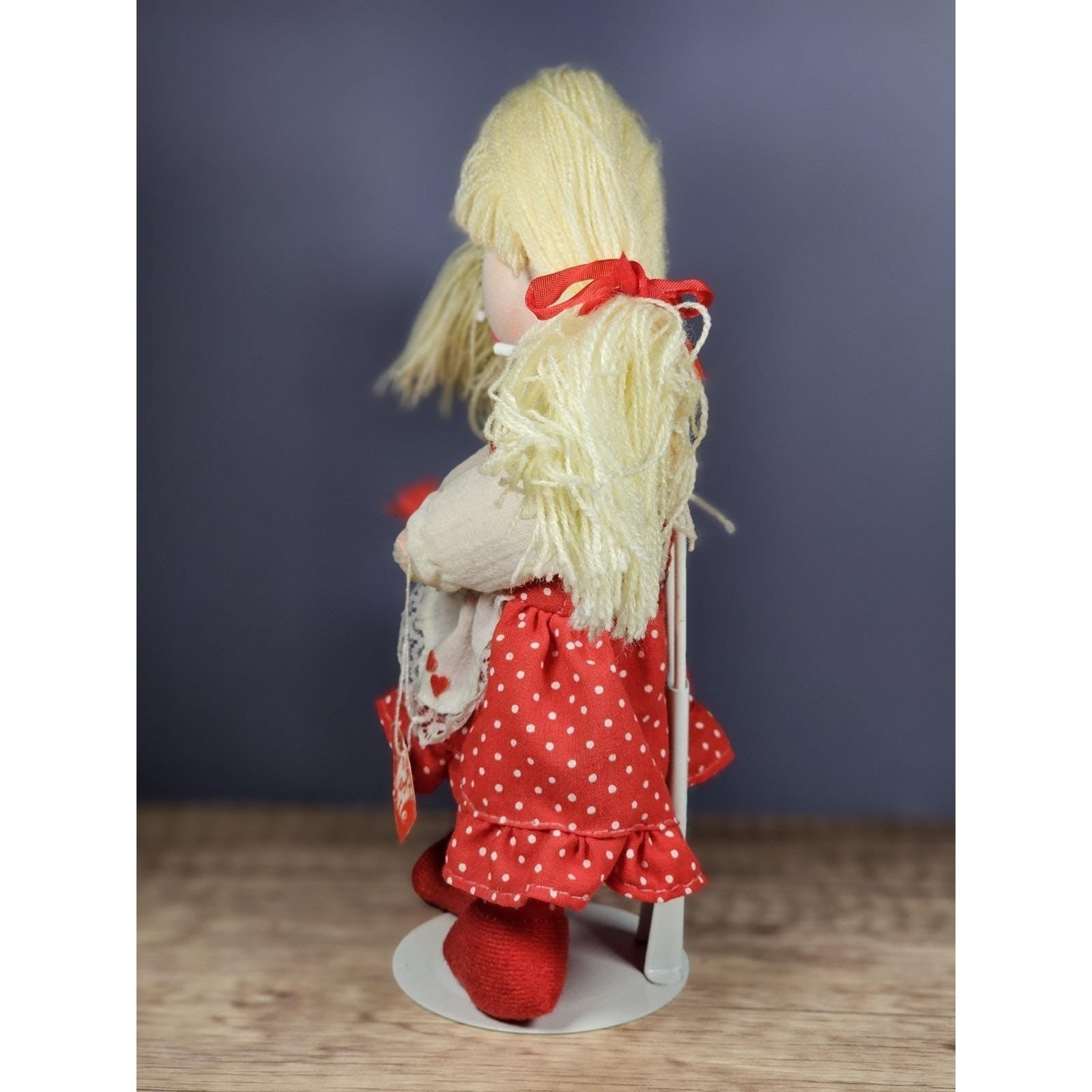 Vintage Rag Doll Red Polka Dot Dress Cloth Doll Heart Tag