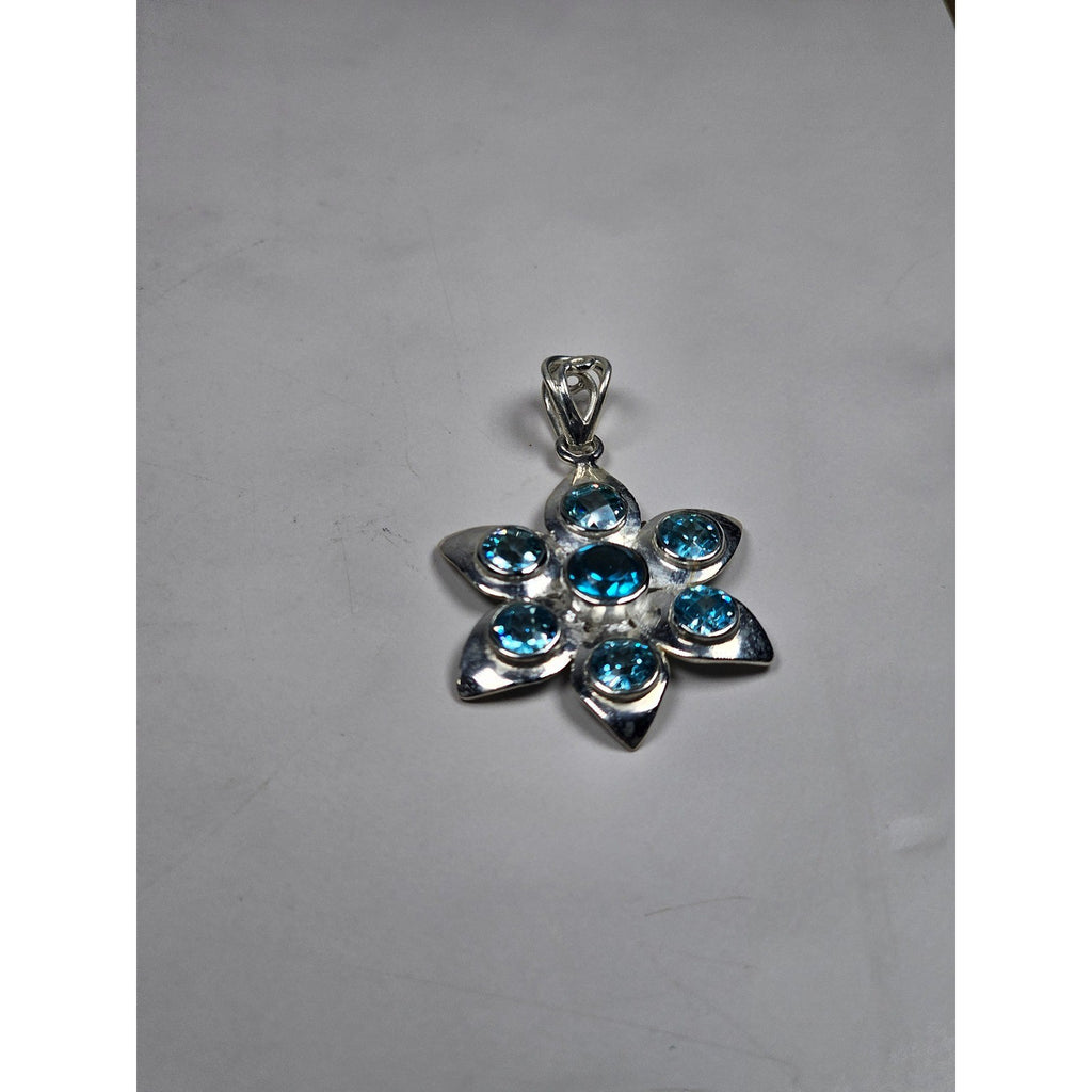 Vintage Sterling Silver Blue Stone Flower Pendant .925 Floral Necklace Charm