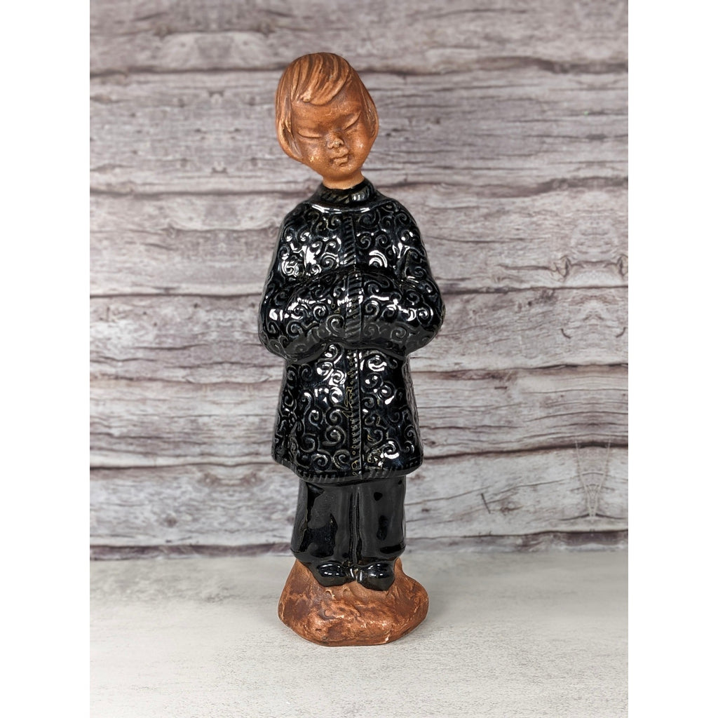 Vintage Ceramic Child Figurine Black Embossed Coat 9.5 Inch Statue