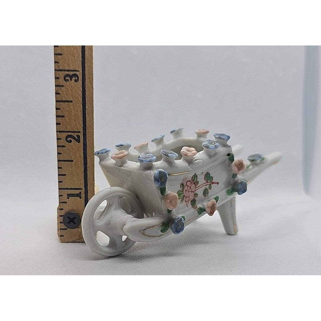 Vintage White Ceramic Mini Wheelbarrow Planter | Floral Antique Decor